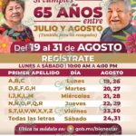 Del 19 al 31 de agosto, registro a Pensión de Adultos Mayores a quienes cumplen 65 entre julio y agosto